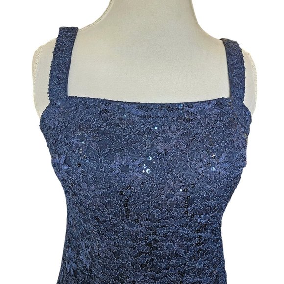 Y2K Womens Dark Blue Lace Sequins Formal Dress Bolero Sz 8 Stretchy Mother Bride - Picture 7 of 14